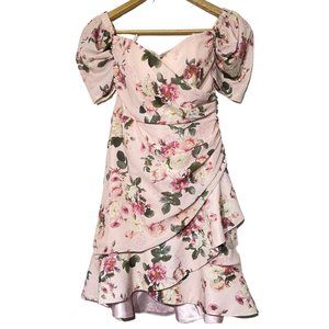 Floral Rouched Sleeve Off the Shoulder Pink Dress